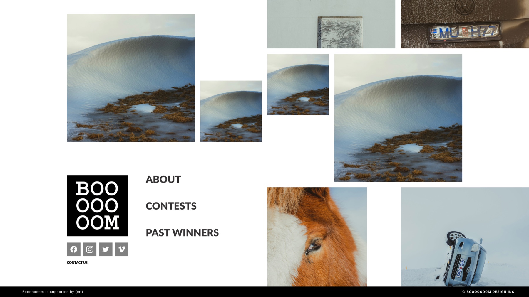 Desktop wireframe of the BOOOOOOOM microsite homepage, showing a rotating image gallery above a strict modular grid of photograph tiles.