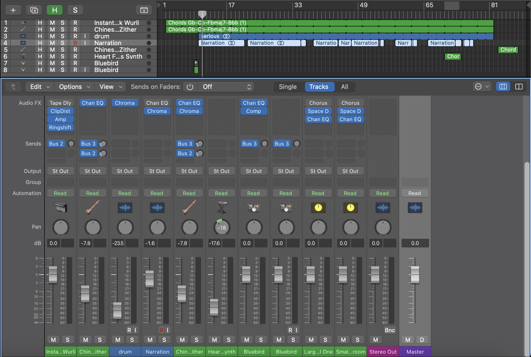 The Logic Pro session for Contrasts, showing tracks for Wurlitzer, Chinese zither, drums and narration over a repeating four-chord progression.