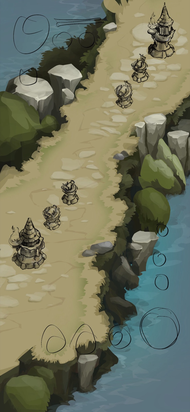 Hand-drawn ideation sketches exploring mobile MOBA control layouts and HUD arrangements.