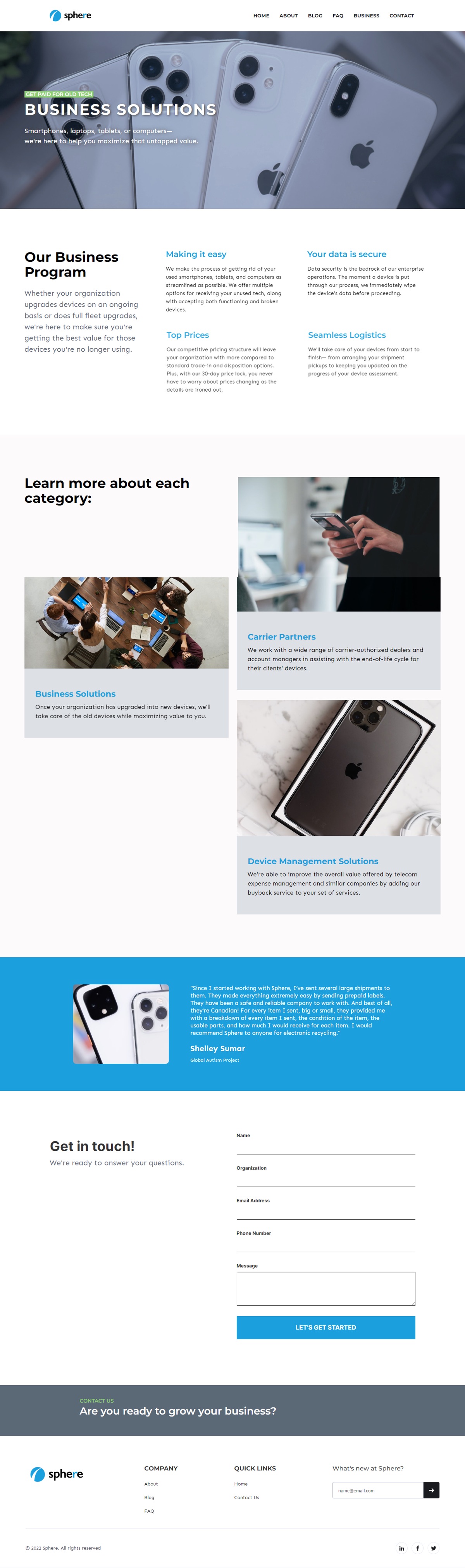 The redesigned Sphere for Business microsite: a focused hero, updated typography, and clearly ranked content sections.