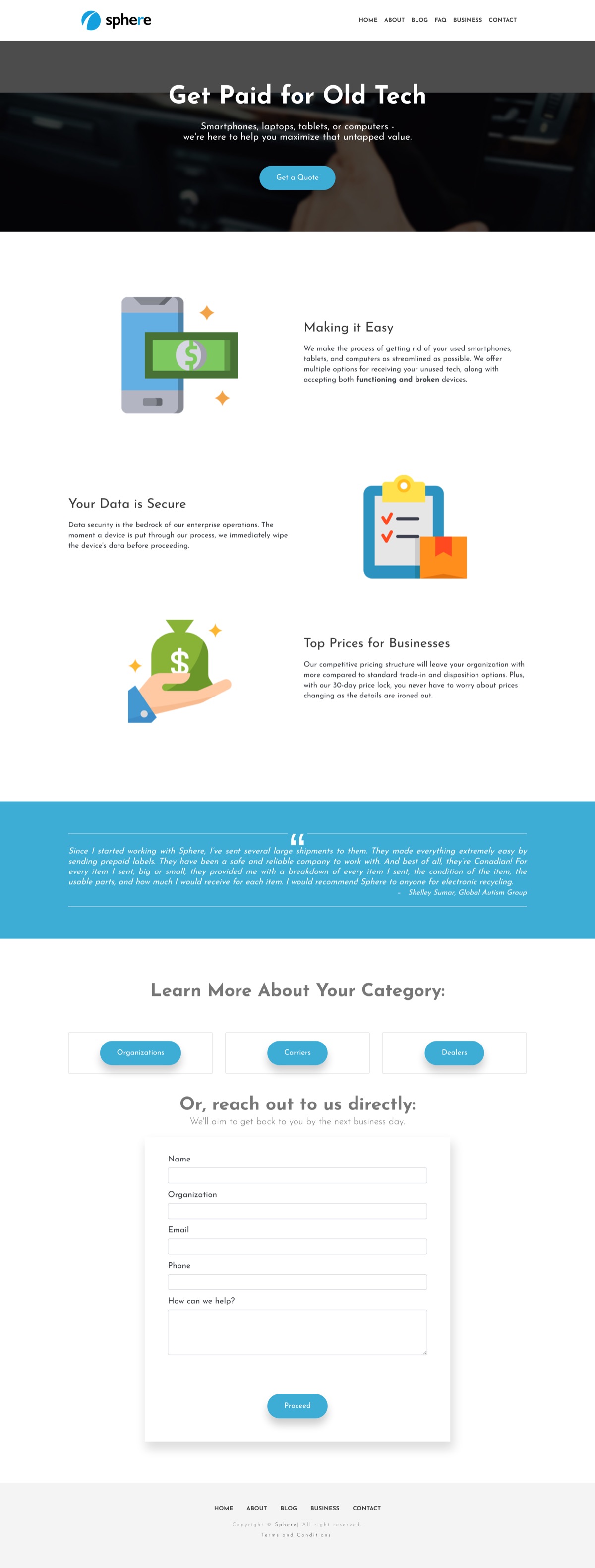 The original Sphere for Business microsite: an unclear hero image, large empty gaps, and dated typography.