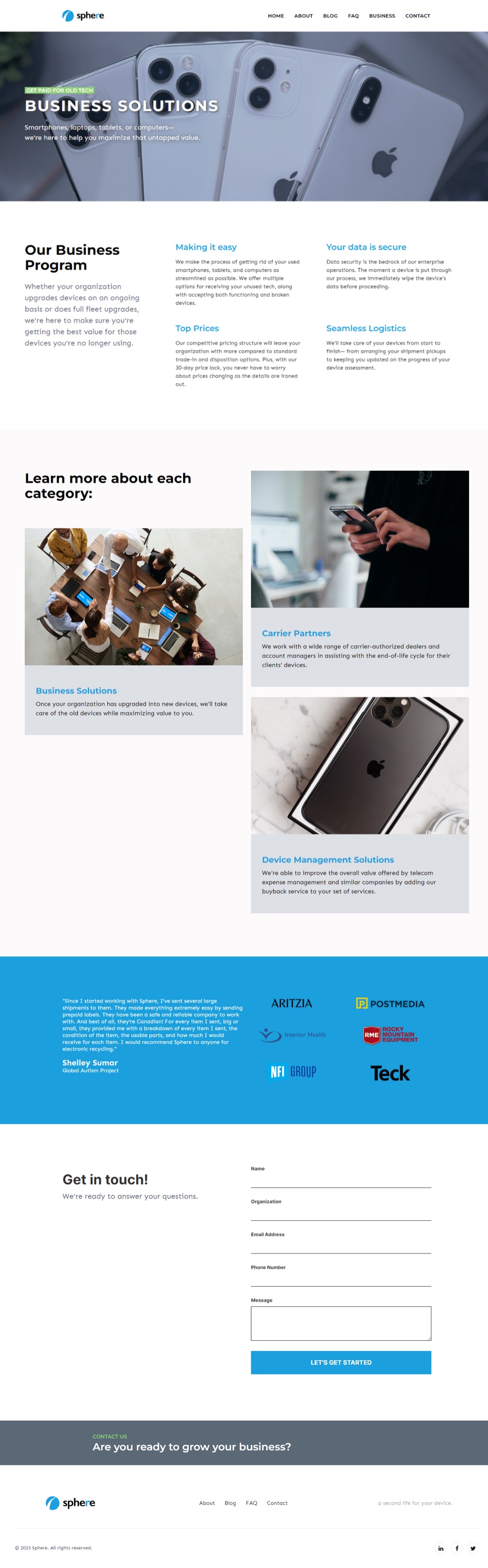 The redesigned Sphere for Business microsite homepage, showing a hero section and stacked content cards.