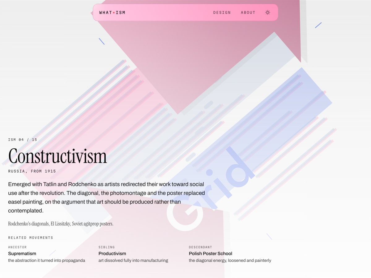 The Constructivism reading room: diagonal planes and off-register stripes crossing the sheet.