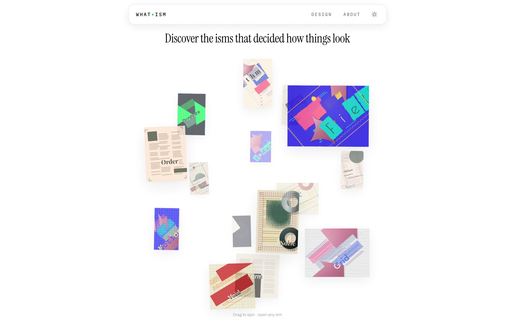 The what-ism gallery: fifteen generated posters arranged on a spinnable sphere, nearer cards larger and sharper.