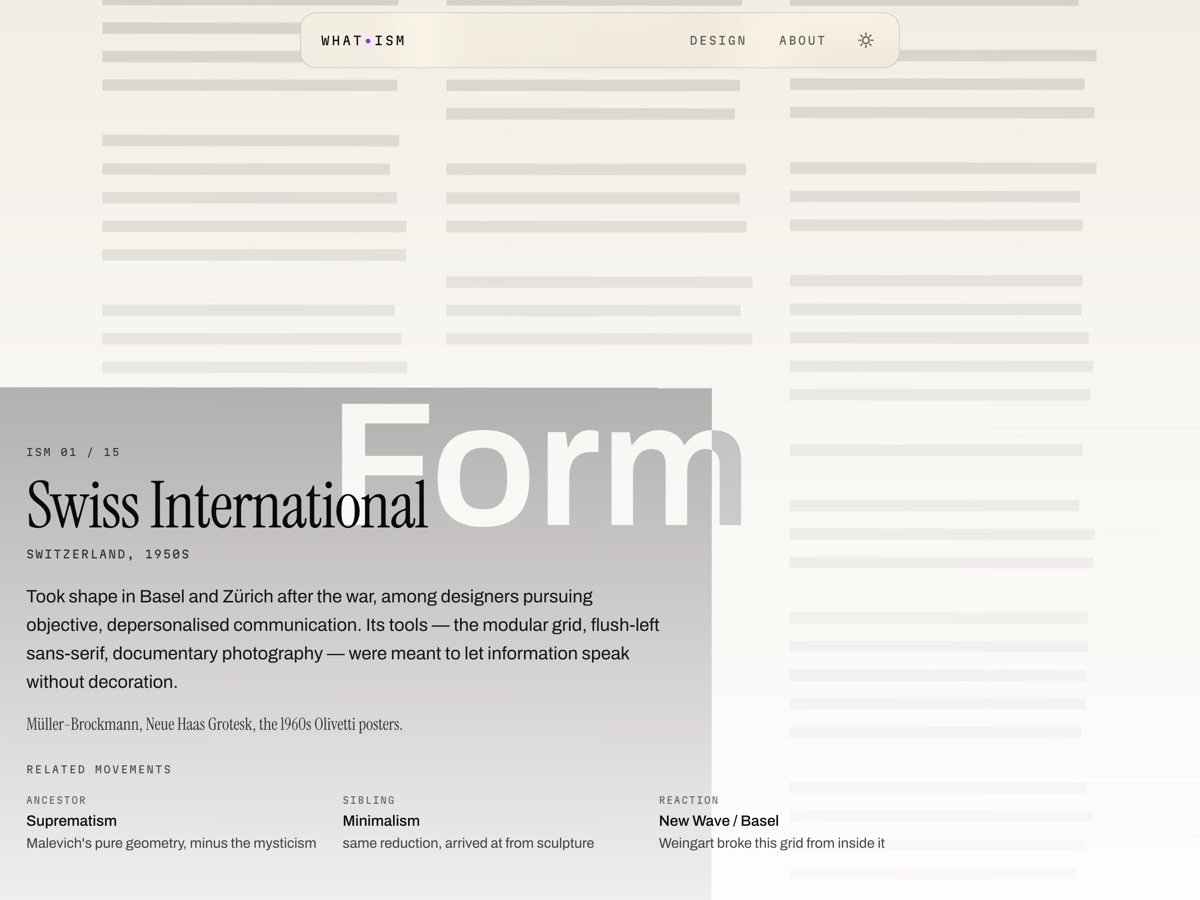 The Swiss International reading room: a strict three-column grid of grey text bars behind a single flat block.